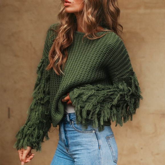 BellanBlue Sweaters - Fringe sleeve knit sweater fall cream cozy GREEN